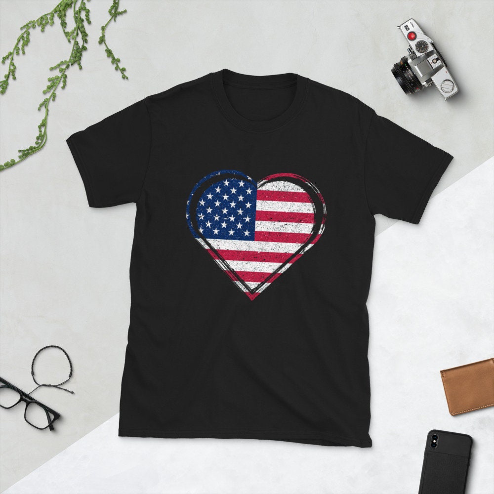 USA Flag Heart T-shirt | Cute American Top | Unisex American Gift | USA Tee | Heart-Shaped American Flag T-Shirt