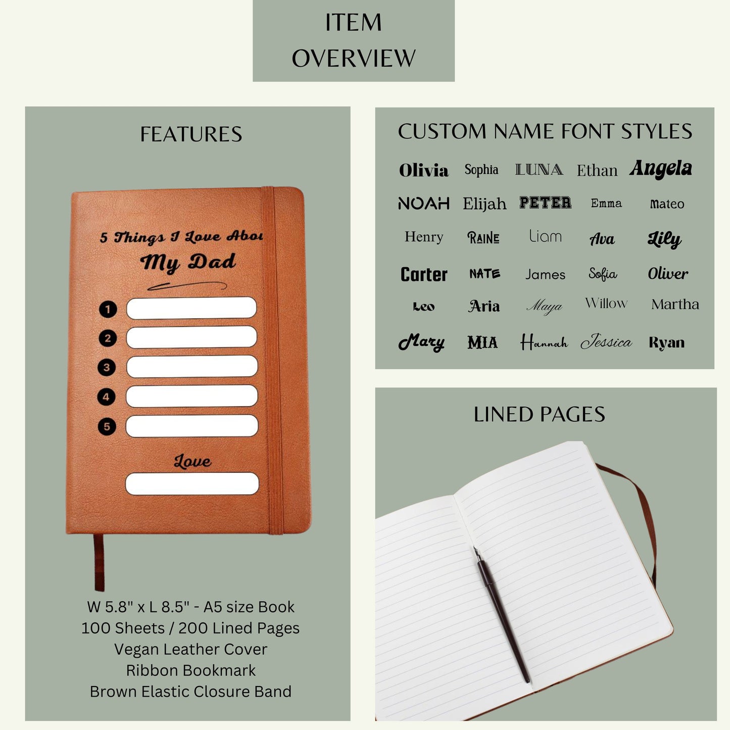 Personalized Gift for Dad- 5 Things I Love About My Dad - Fill In The Blanks Leather A5 Journal Dad Unique Gift For Dad Father's Day Gift