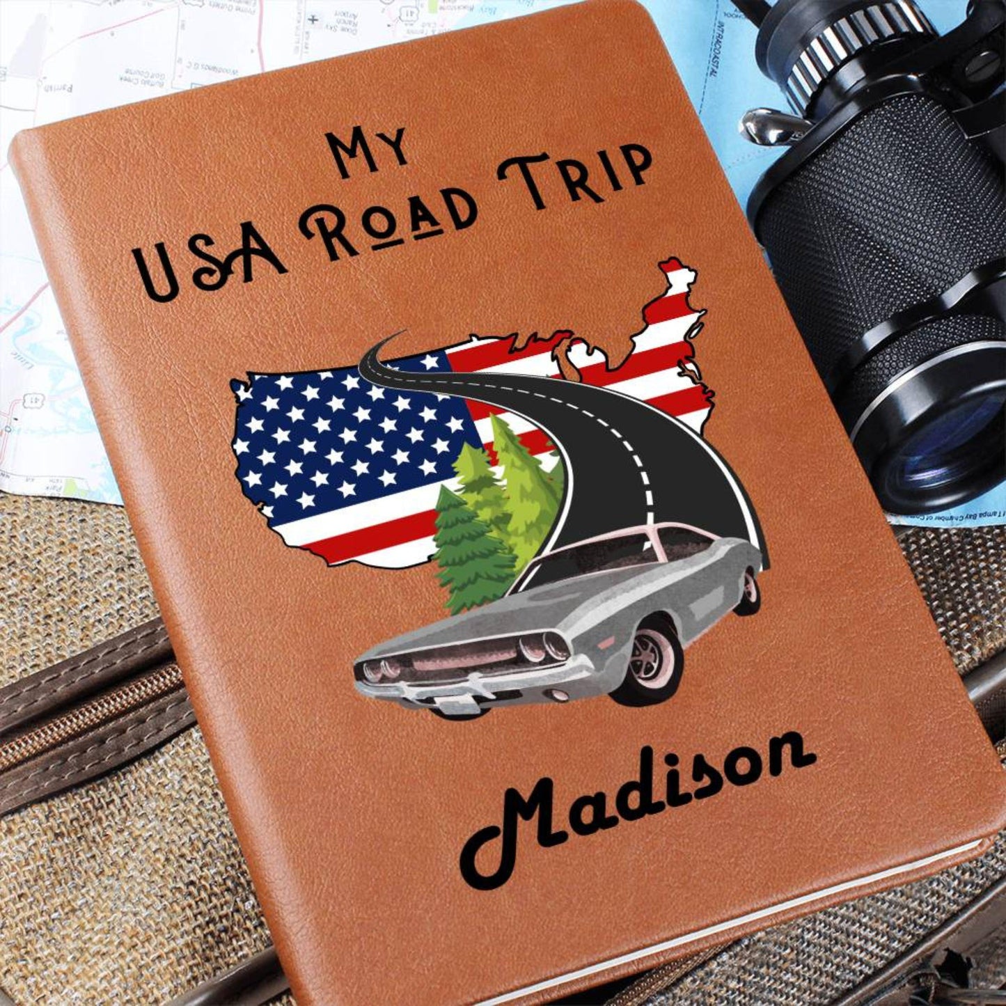 Personalized Leather Travel Journal- USA Road Trip Travel Journal, Camping Journal Memory Keepsake For Teens Couple Retirement Travel Gift