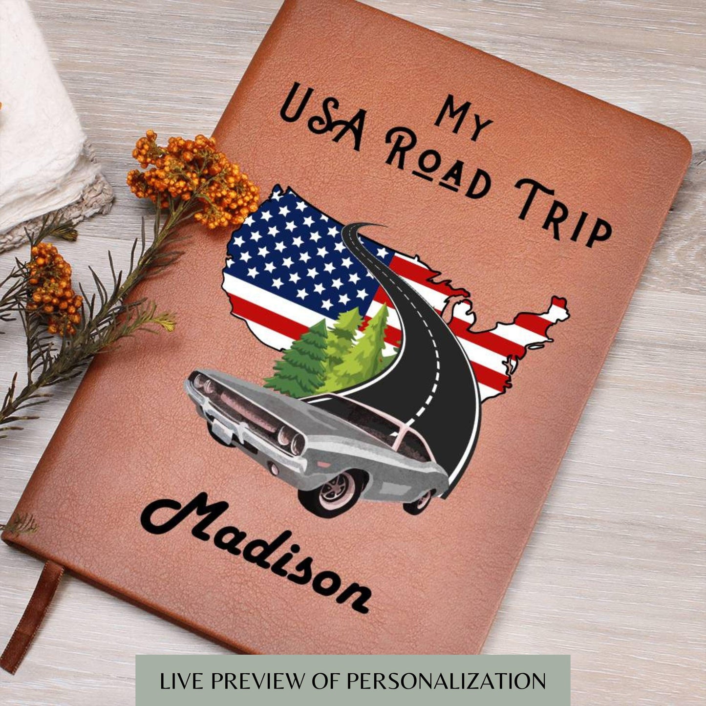 Personalized Leather Travel Journal- USA Road Trip Travel Journal, Camping Journal Memory Keepsake For Teens Couple Retirement Travel Gift