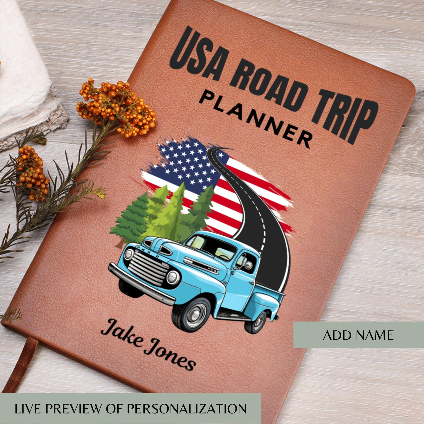 Personalized Road Trip Planner Leather Journal – USA Travel Custom Adventure Log, RV Travel Diary, Van Life Journal, Vacation Memory Book
