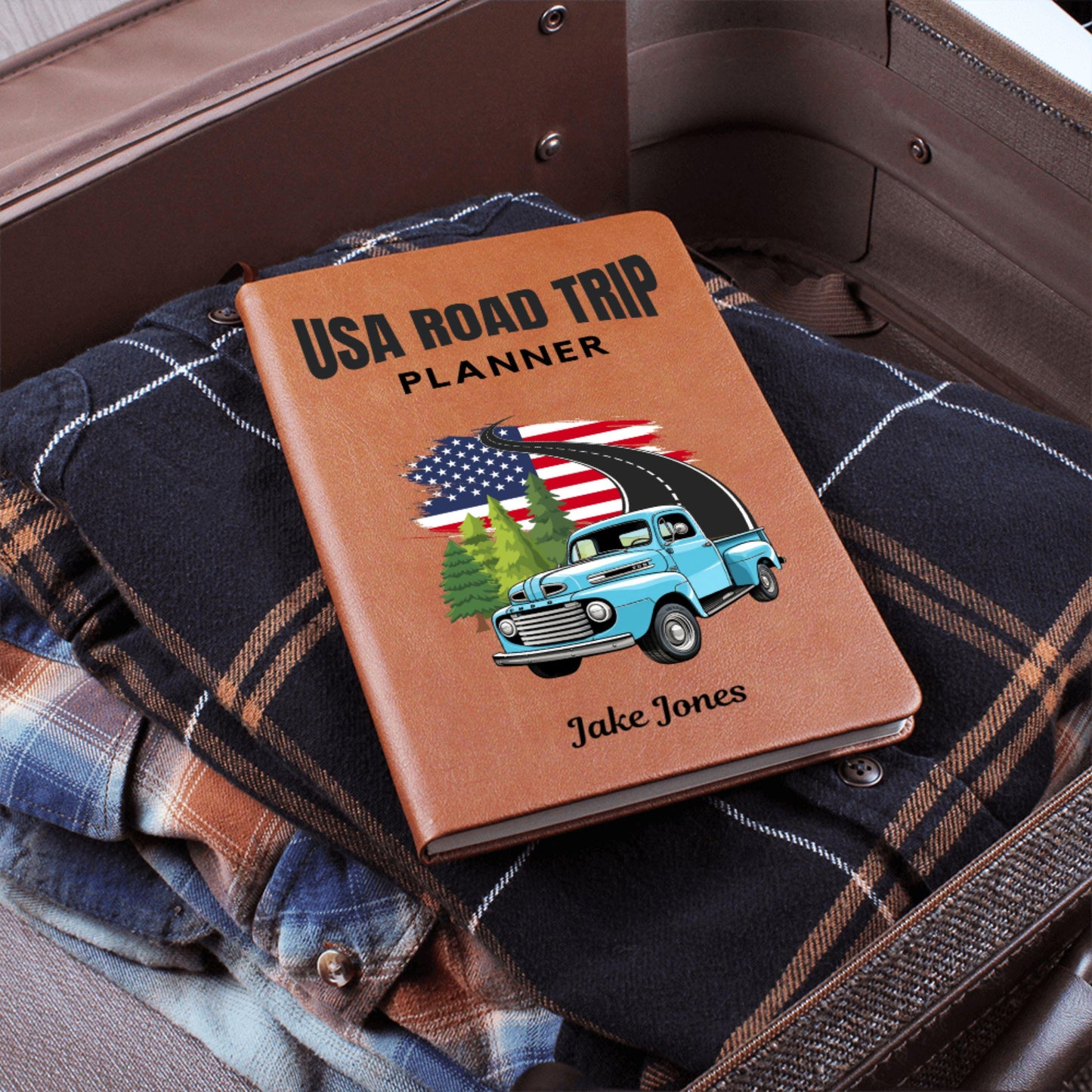 Personalized Road Trip Planner Leather Journal – USA Travel Custom Adventure Log, RV Travel Diary, Van Life Journal, Vacation Memory Book