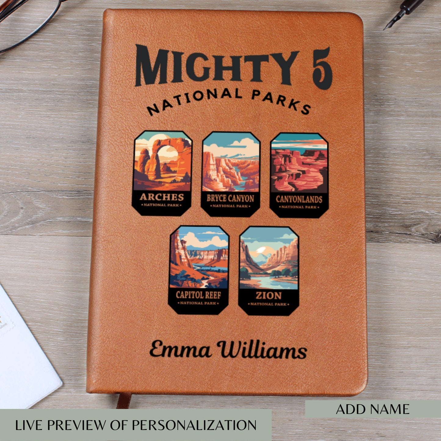 Personalized Mighty 5 National Parks Leather Journal – Utah Road Trip Gift for Hikers, Campers, Outdoor Lovers & National Park Adventures