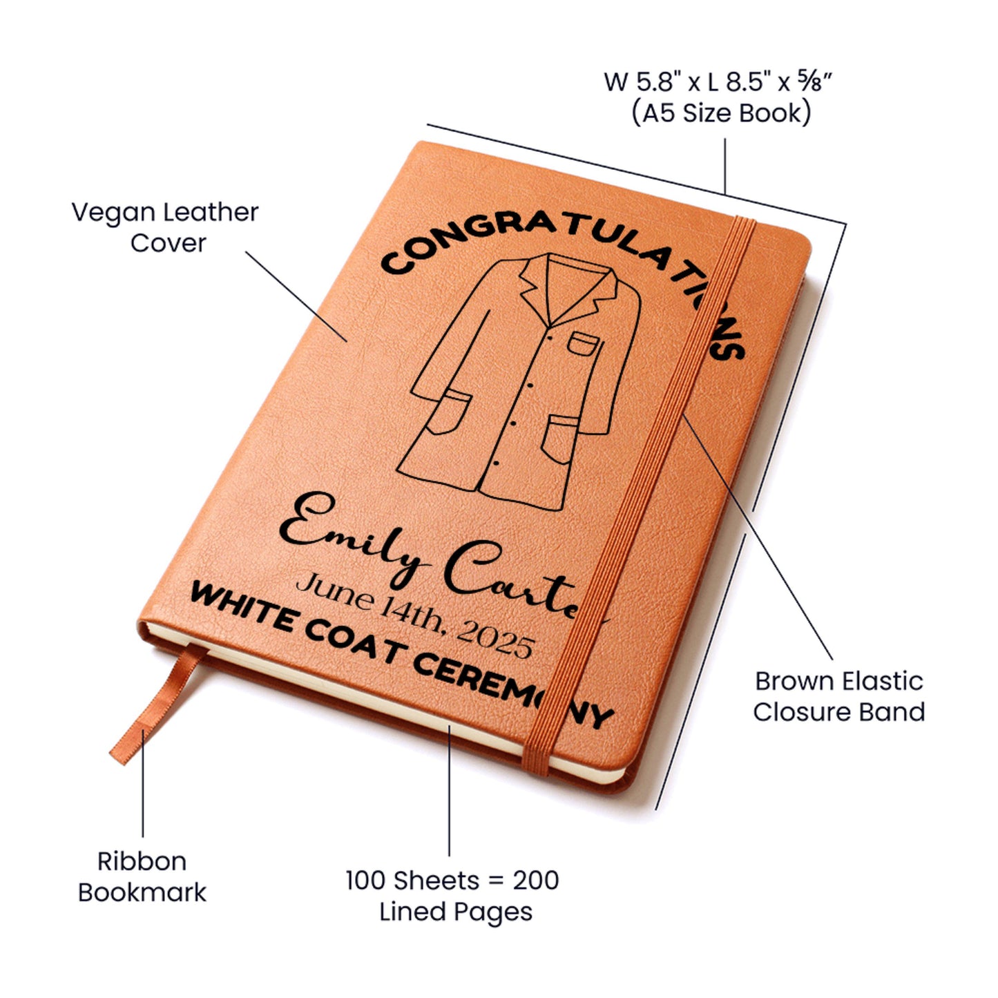 Personalized White Coat Ceremony Leather Journal - Future Doctor Gift Medical Student Nurse Dentist Pharmacist Vet Graduation Keepsake