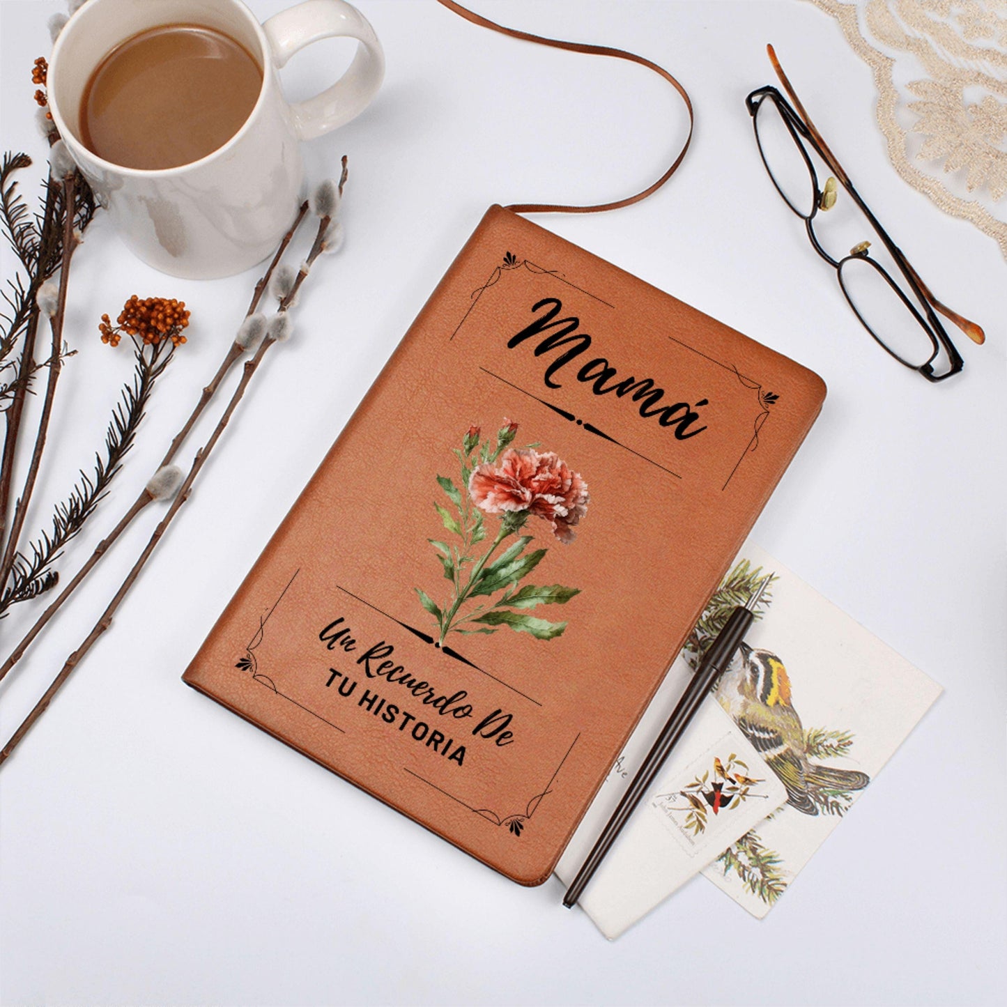 Diario Personalizado Flor de Nacimiento para Mamá Cuaderno de Cuero Vegano Regalo Sentimental Libro de Recuerdos Cumpleaños y Legado Regalo