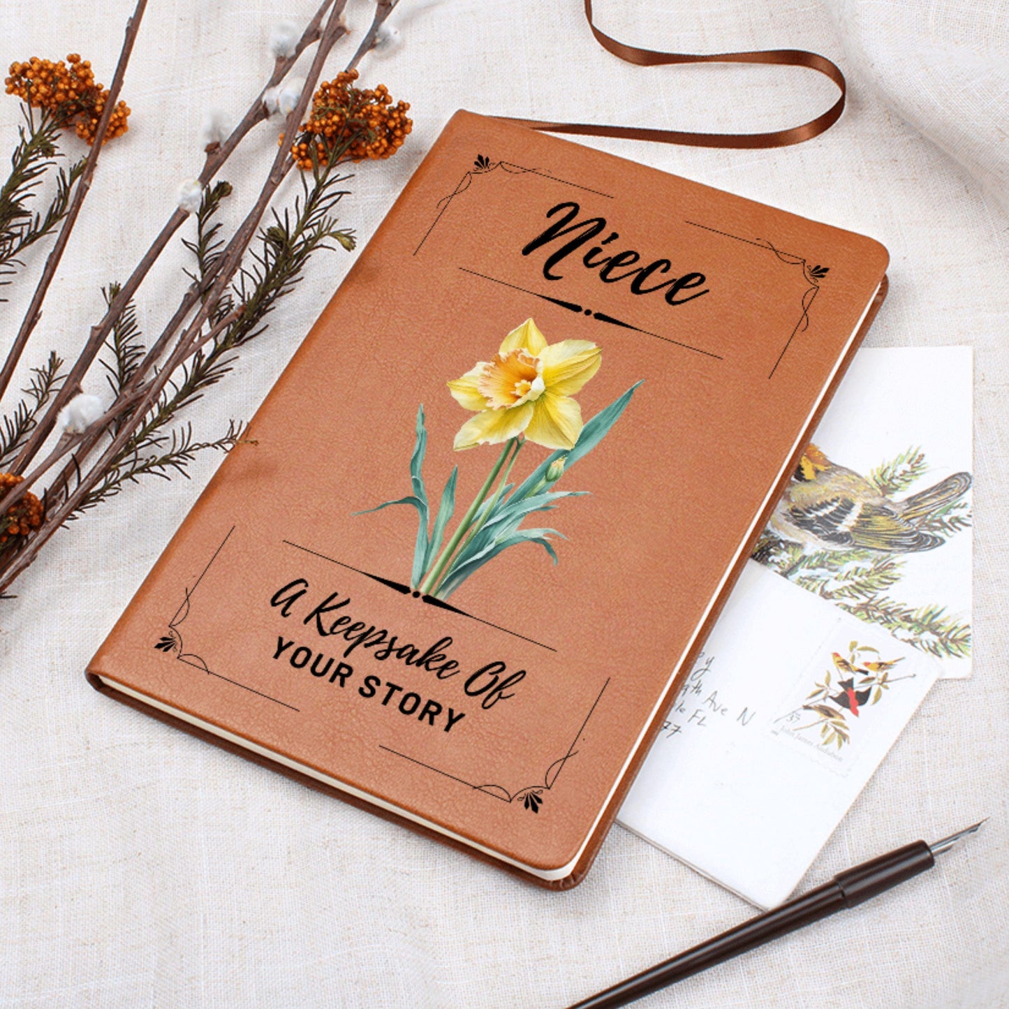 Personalized Birth Flower Journal for Niece, Custom Leather Notebook Gift for Niece Birthday, Teen Girl Journal, Niece Graduation Gift
