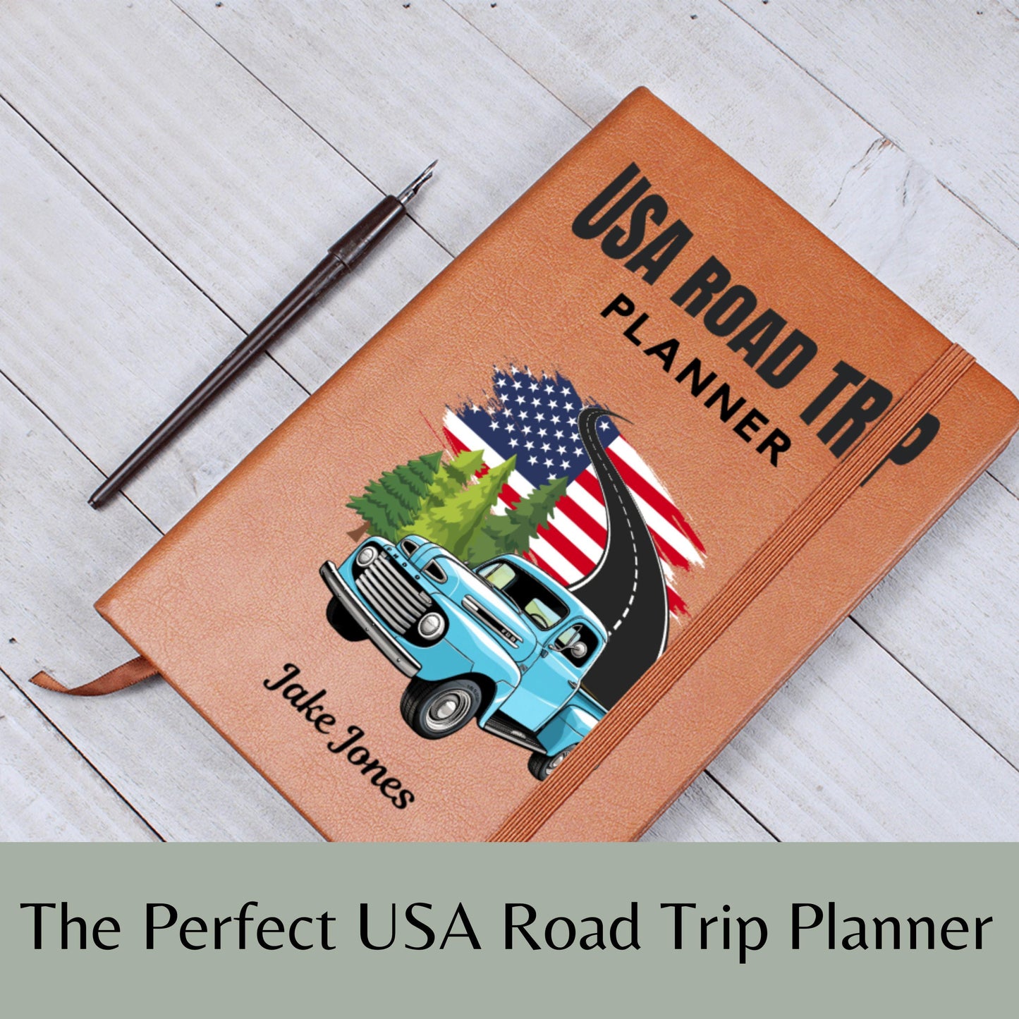 Personalized Road Trip Planner Leather Journal – USA Travel Custom Adventure Log, RV Travel Diary, Van Life Journal, Vacation Memory Book