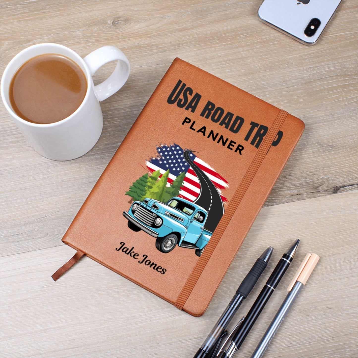 Personalized Road Trip Planner Leather Journal – USA Travel Custom Adventure Log, RV Travel Diary, Van Life Journal, Vacation Memory Book