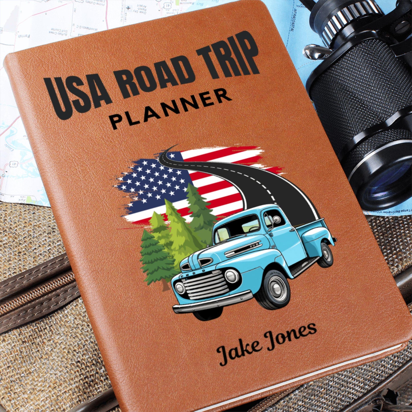 Personalized Road Trip Planner Leather Journal – USA Travel Custom Adventure Log, RV Travel Diary, Van Life Journal, Vacation Memory Book