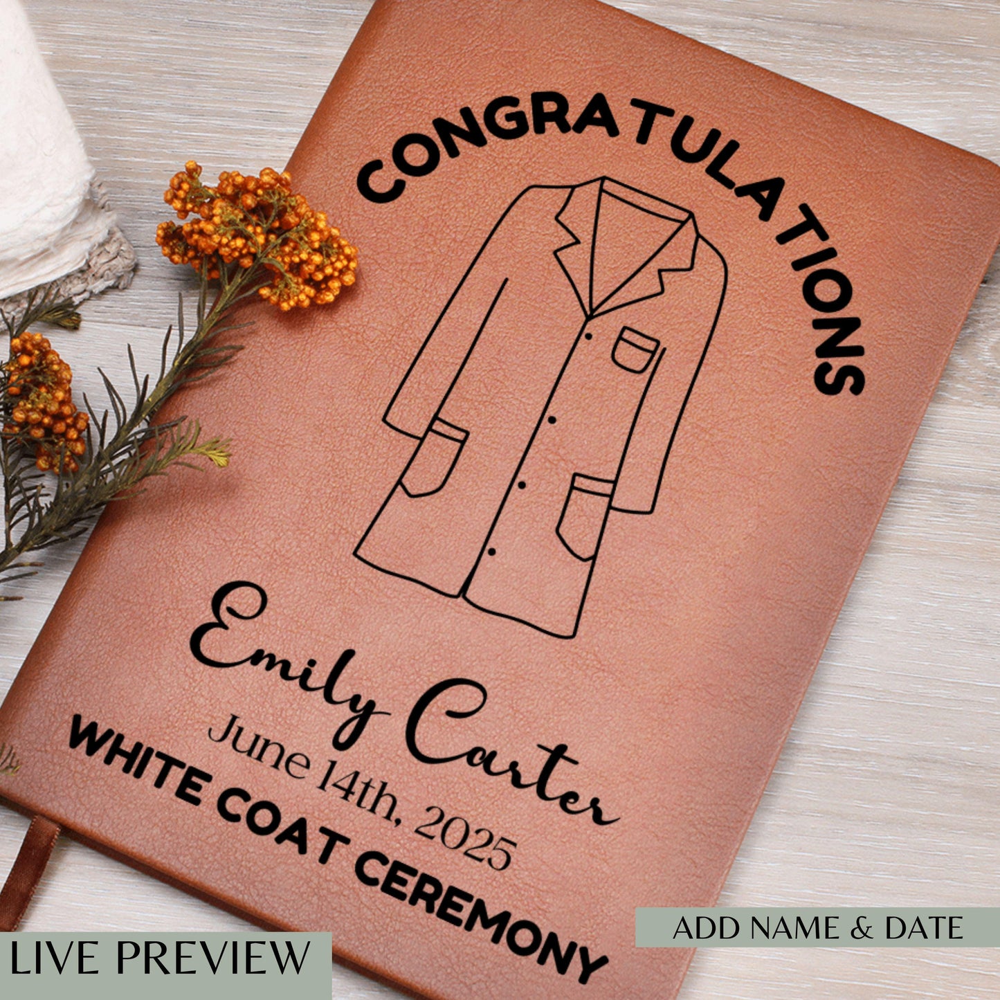 Personalized White Coat Ceremony Leather Journal - Future Doctor Gift Medical Student Nurse Dentist Pharmacist Vet Graduation Keepsake