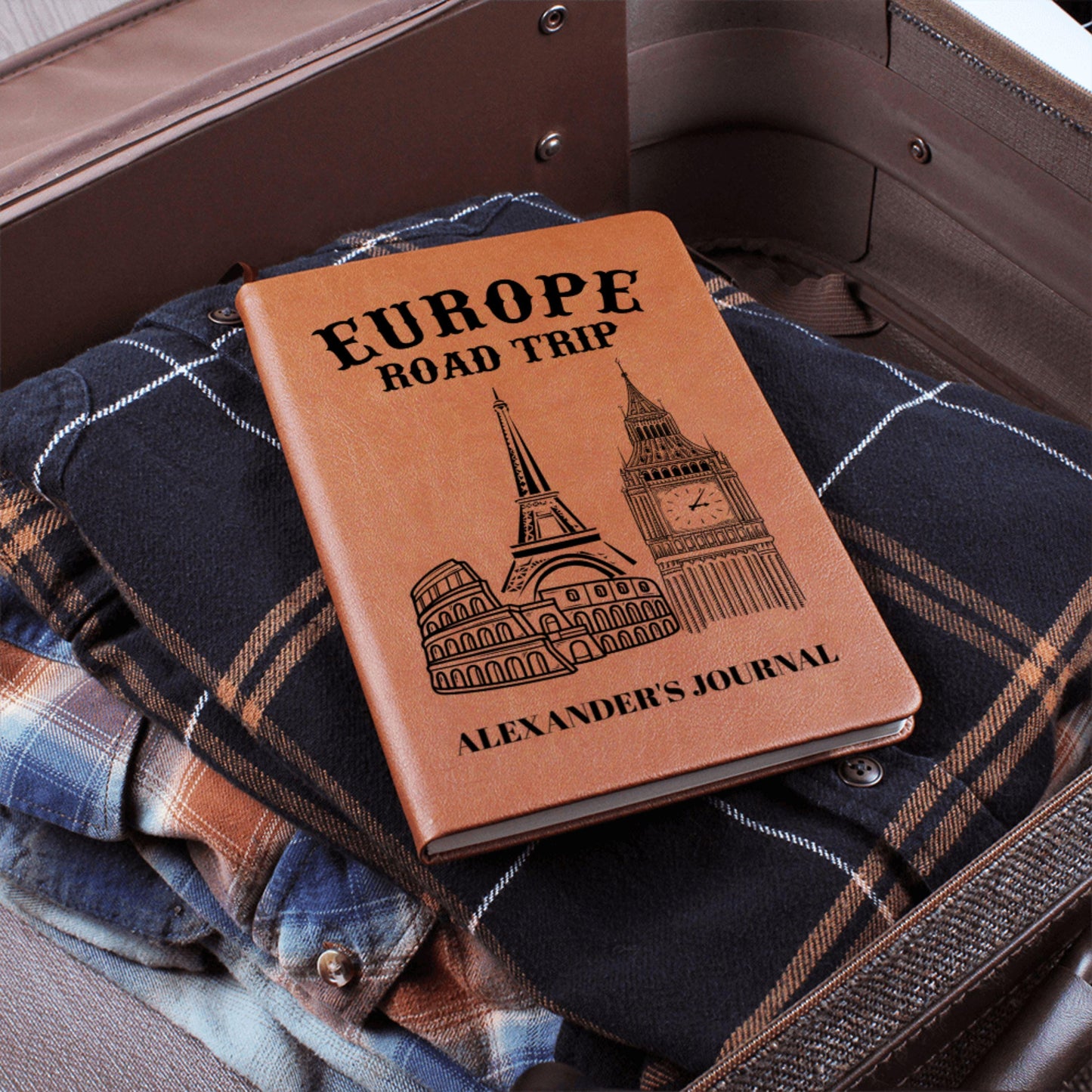 Personalized Europe Road Trip Journal Custom Leather Travel Notebook Gift for Traveler Adventure Diary Keepsake Memory Book for Him Her