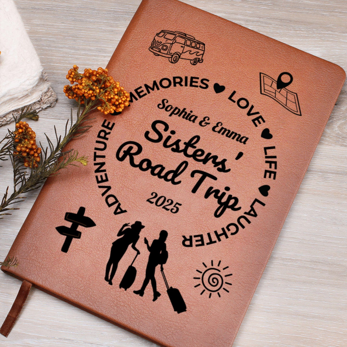 Sisters Road Trip Journal Personalized Travel Notebook for Women Custom Trip Diary Gift for Sister Adventure Log Book for Girls on the Go