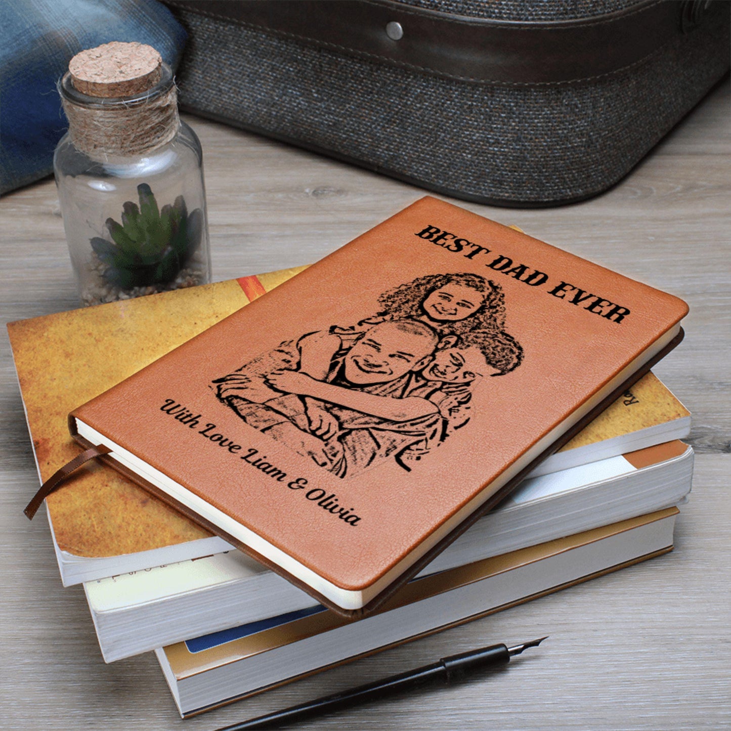 Personalized Best Dad Ever Leather Journal Custom Sketch Photo Notebook Kids Names Gift Keepsake Father’s Day Gift from Son Daughter For Dad