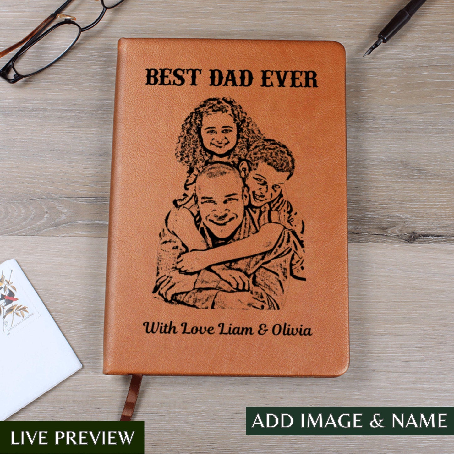 Personalized Best Dad Ever Leather Journal Custom Sketch Photo Notebook Kids Names Gift Keepsake Father’s Day Gift from Son Daughter For Dad