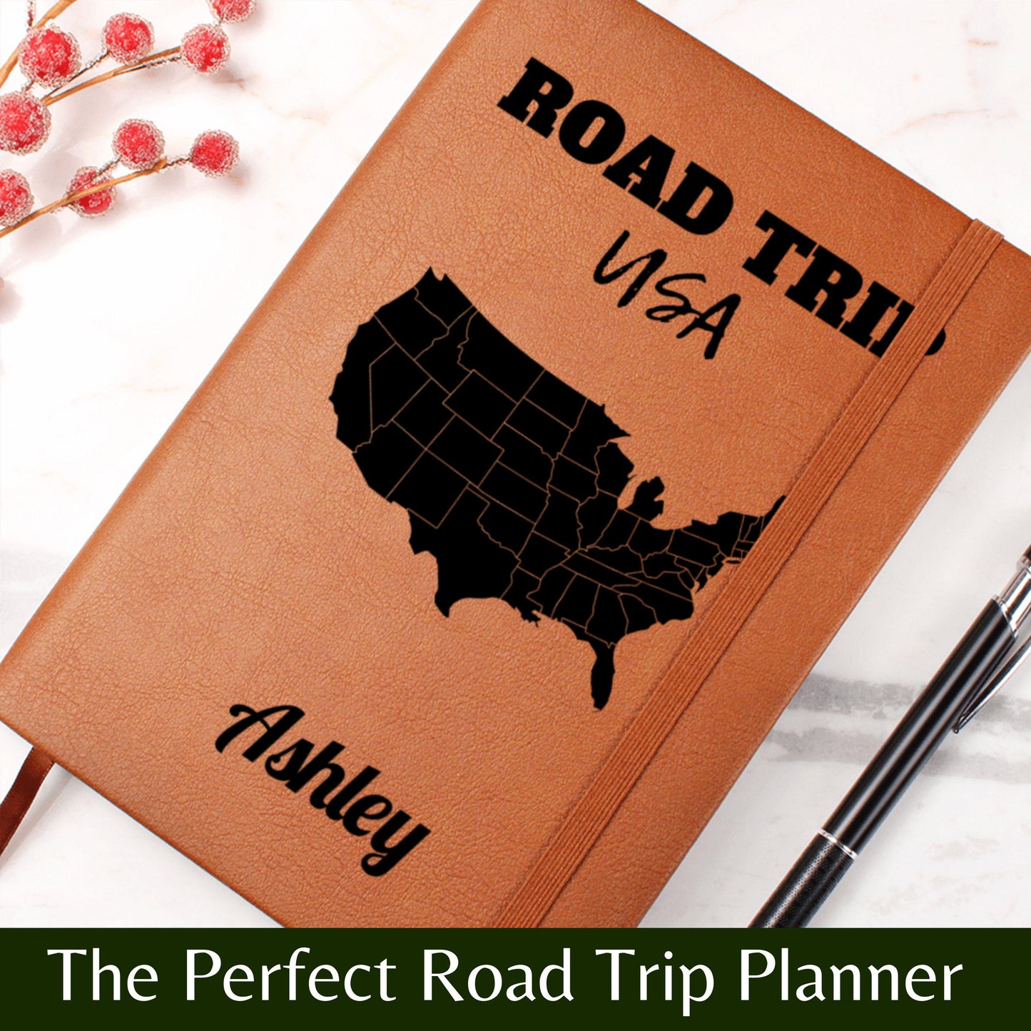 Personalized Road Trip USA Leather Journal Custom Travel Diary Adventure Notebook Memory Book Gift Idea Custom Name Map Journal for Him Her