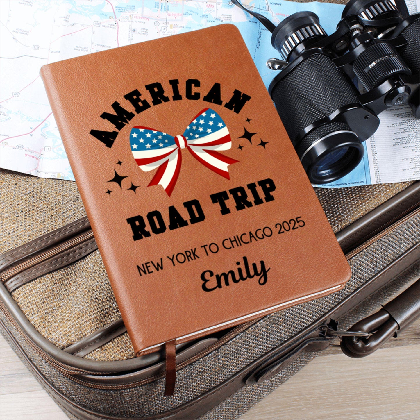 American Road Trip Journal Personalized Leather Travel Diary Custom Adventure Notebook Gift for Travelers Road Trip Keepsake Travel Log Book