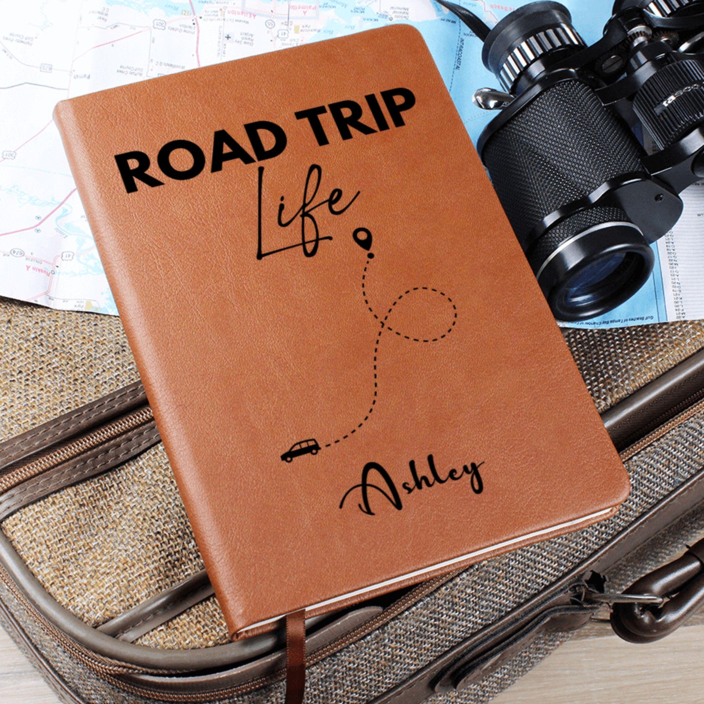 Personalized Road Trip Life Leather Journal Custom Travel Diary Adventure Notebook Gift for Solo Travelers Couples Travel Log Memory Book