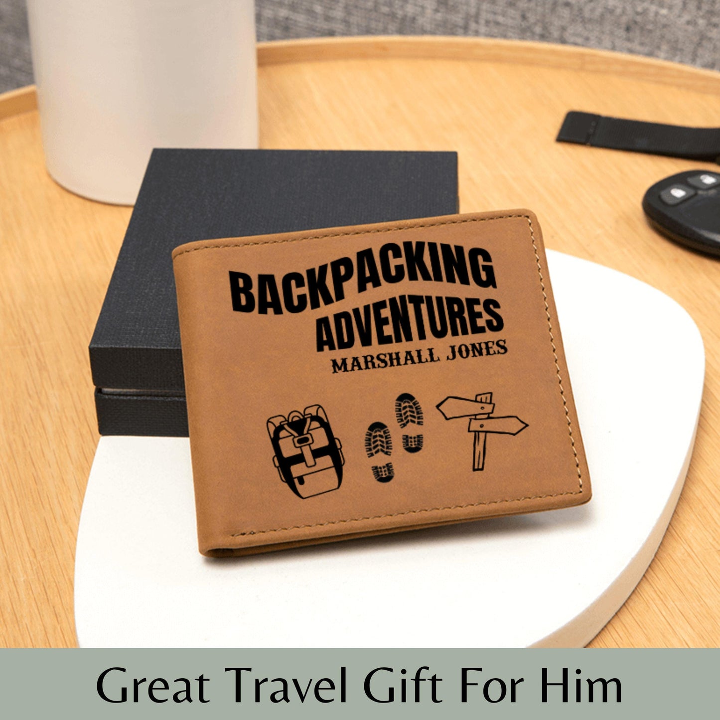 Custom Leather Wallet Hiking Gift Personalized Travel Wallet Backpacking Adventure Gift for Him Outdoorsy Gift Hiking Keepsake Travel Gift
