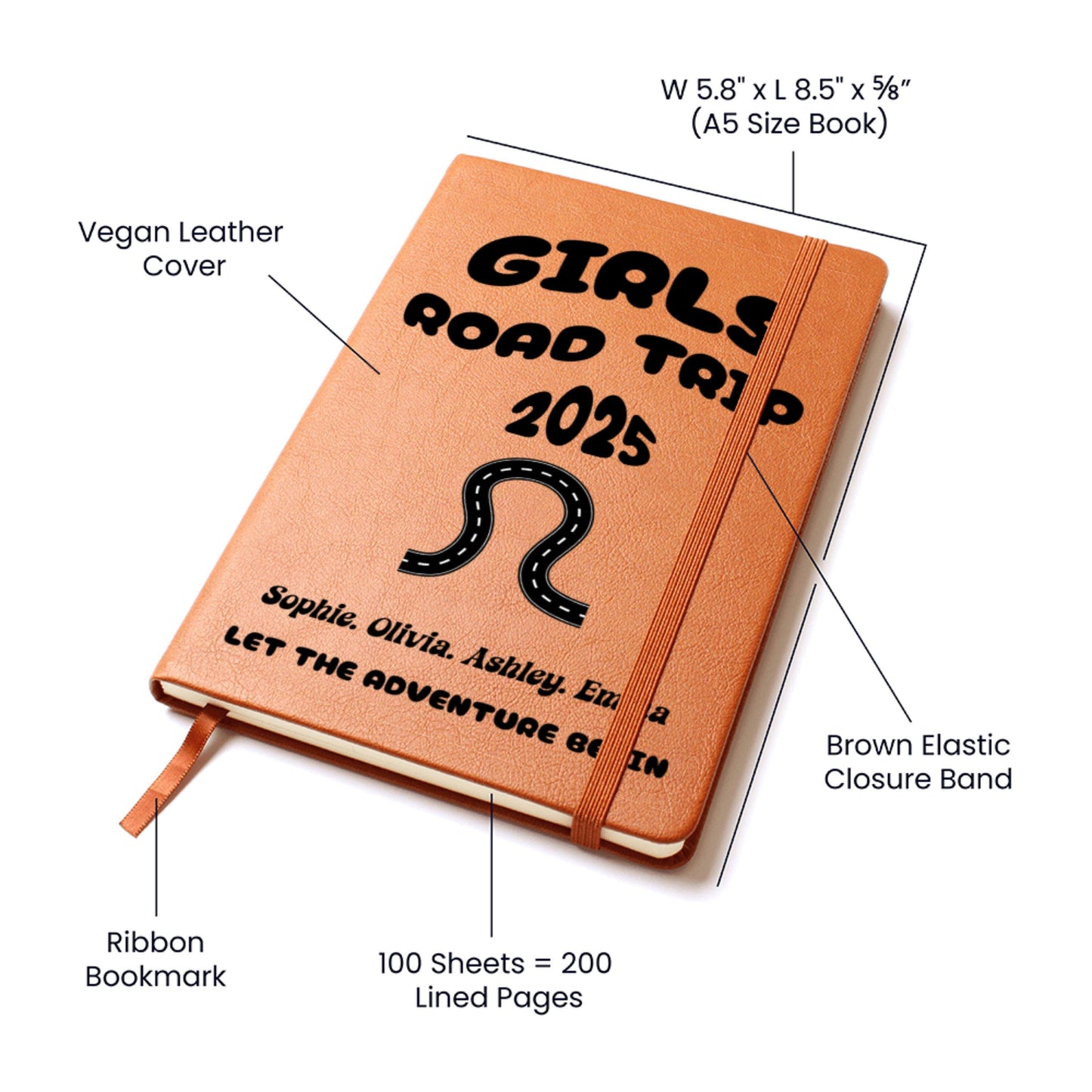 Girls Road Trip Planner Journal Personalized Leather Travel Notebook Custom Adventure Diary Gift for Best Friends Bachelorette Girls Trip