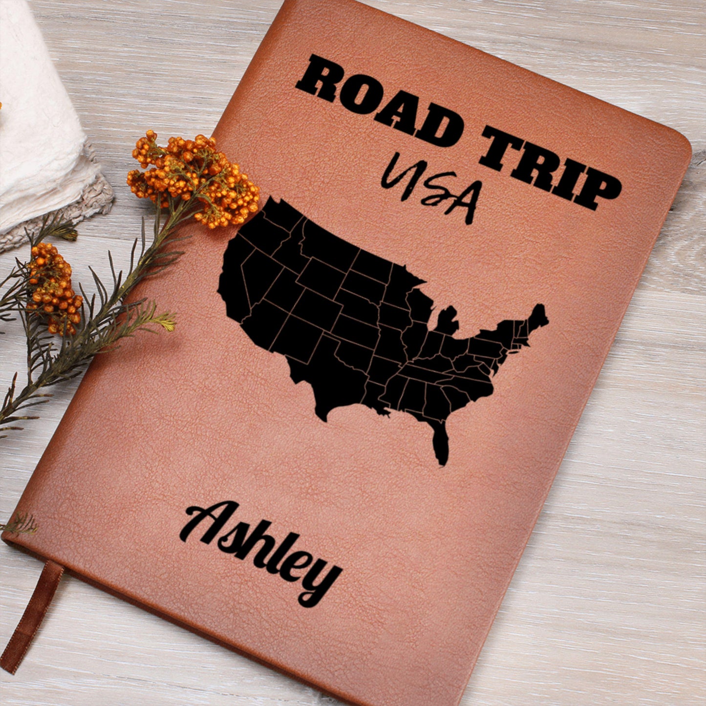 Personalized Road Trip USA Leather Journal Custom Travel Diary Adventure Notebook Memory Book Gift Idea Custom Name Map Journal for Him Her