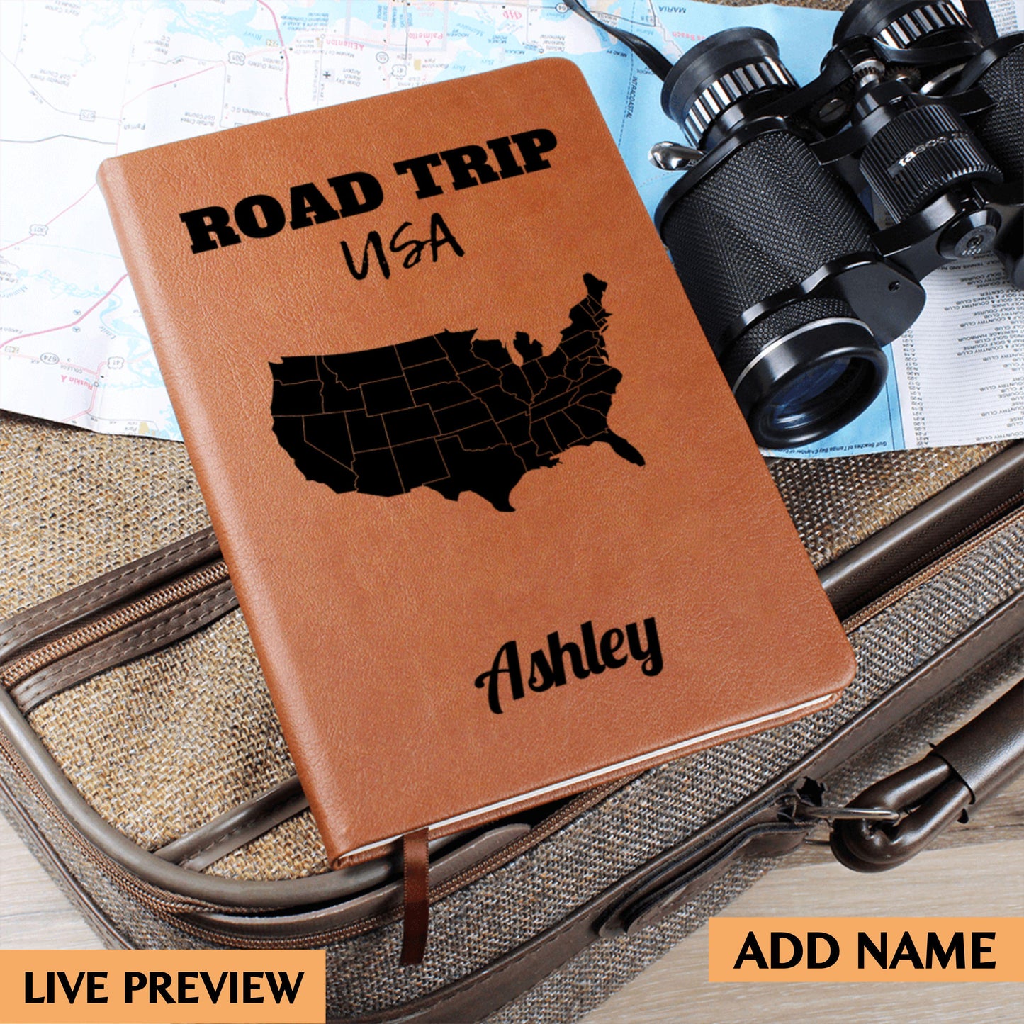 Personalized Road Trip USA Leather Journal Custom Travel Diary Adventure Notebook Memory Book Gift Idea Custom Name Map Journal for Him Her