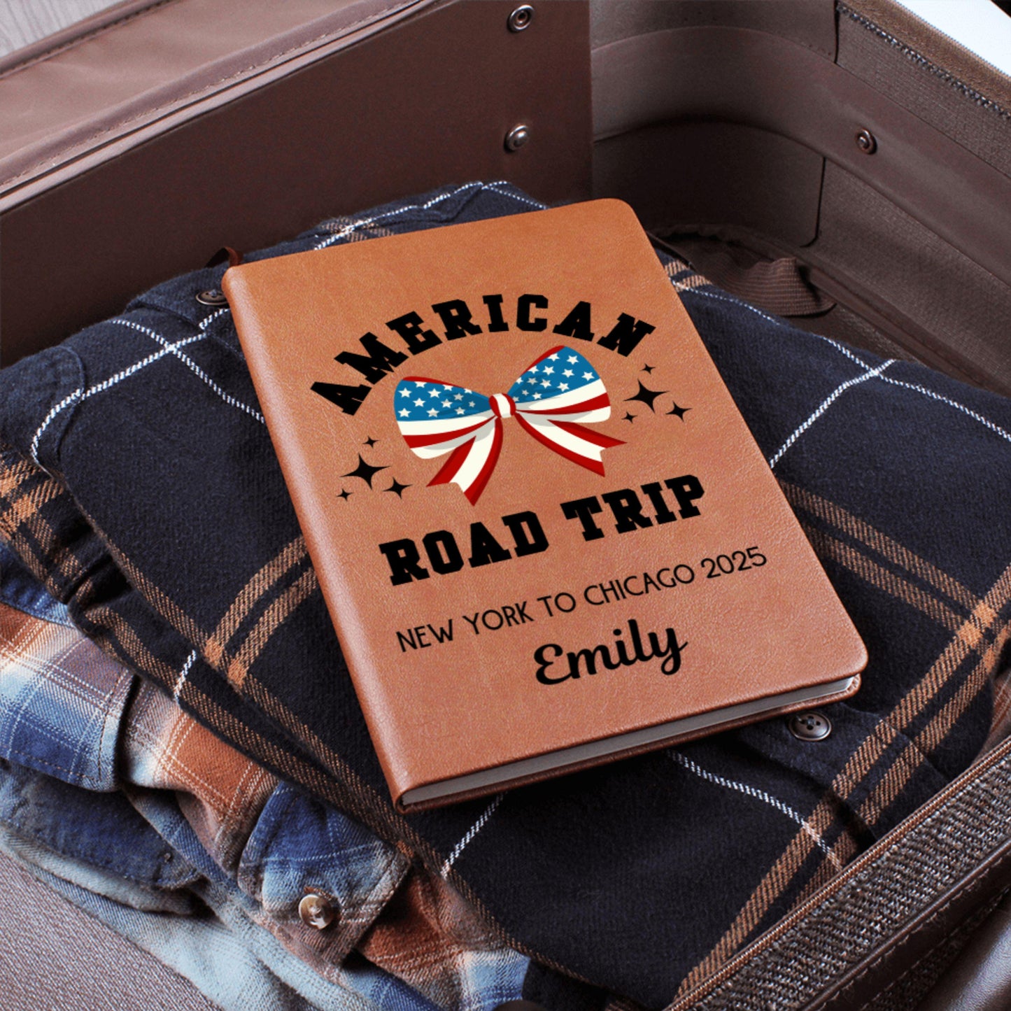 American Road Trip Journal Personalized Leather Travel Diary Custom Adventure Notebook Gift for Travelers Road Trip Keepsake Travel Log Book