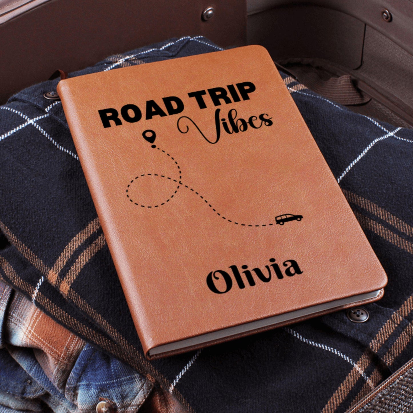 Personalized Road Trip Vibes Leather Journal Custom Travel Diary Adventure Notebook Travel Memory Book Gift for Traveler Road Trip Log Book