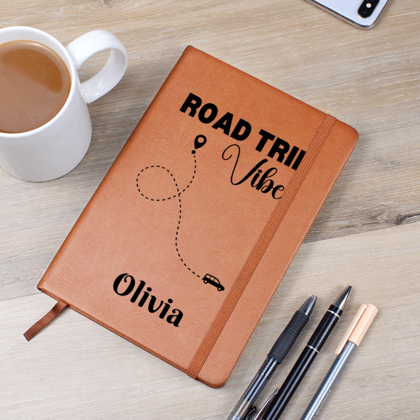 Personalized Road Trip Vibes Leather Journal Custom Travel Diary Adventure Notebook Travel Memory Book Gift for Traveler Road Trip Log Book