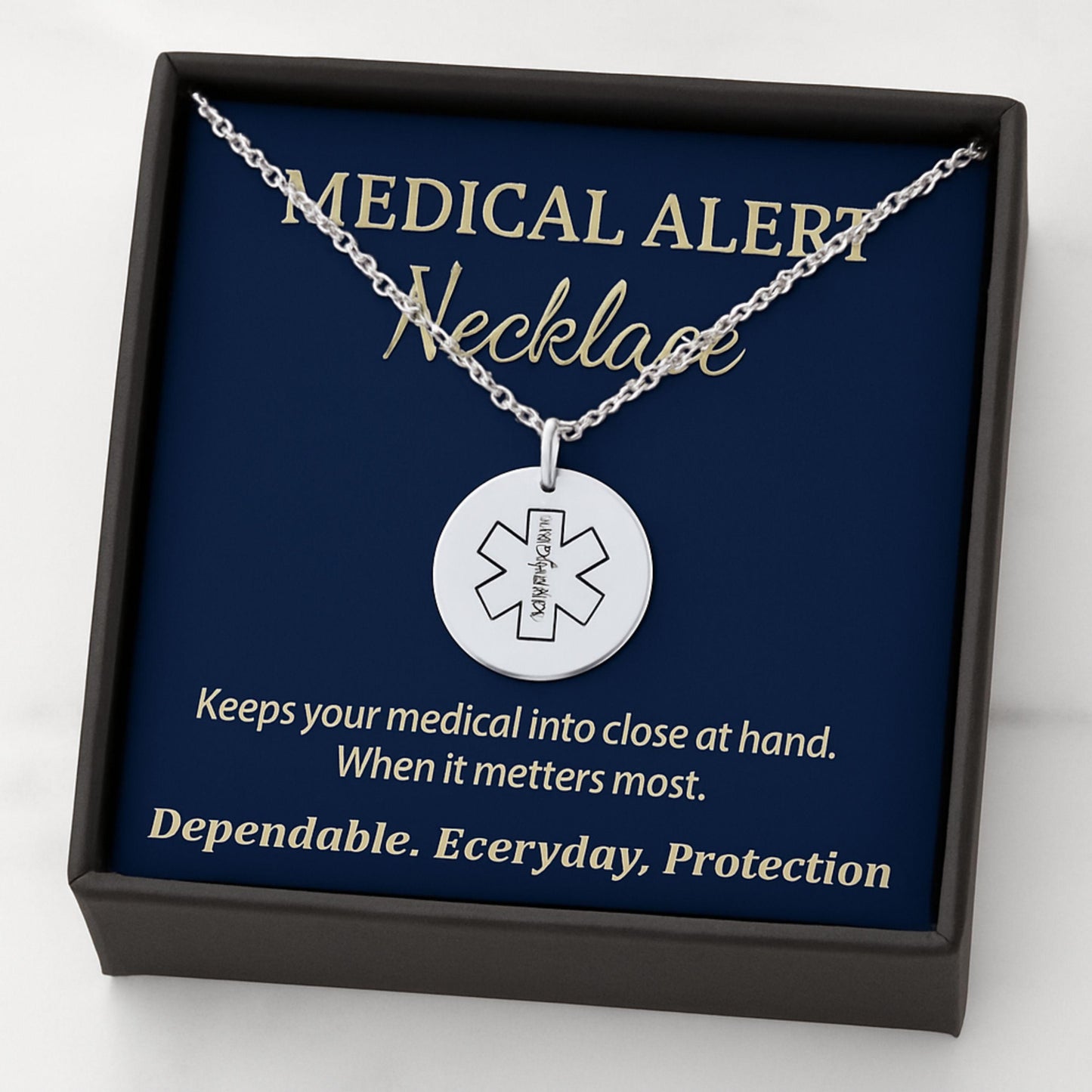 Medical Alert Necklace Engraved ID Pendant, Emergency Allergy Diabetes Asthma Jewelry, Custom ICE Info Gift for Men Women Seniors Road ID