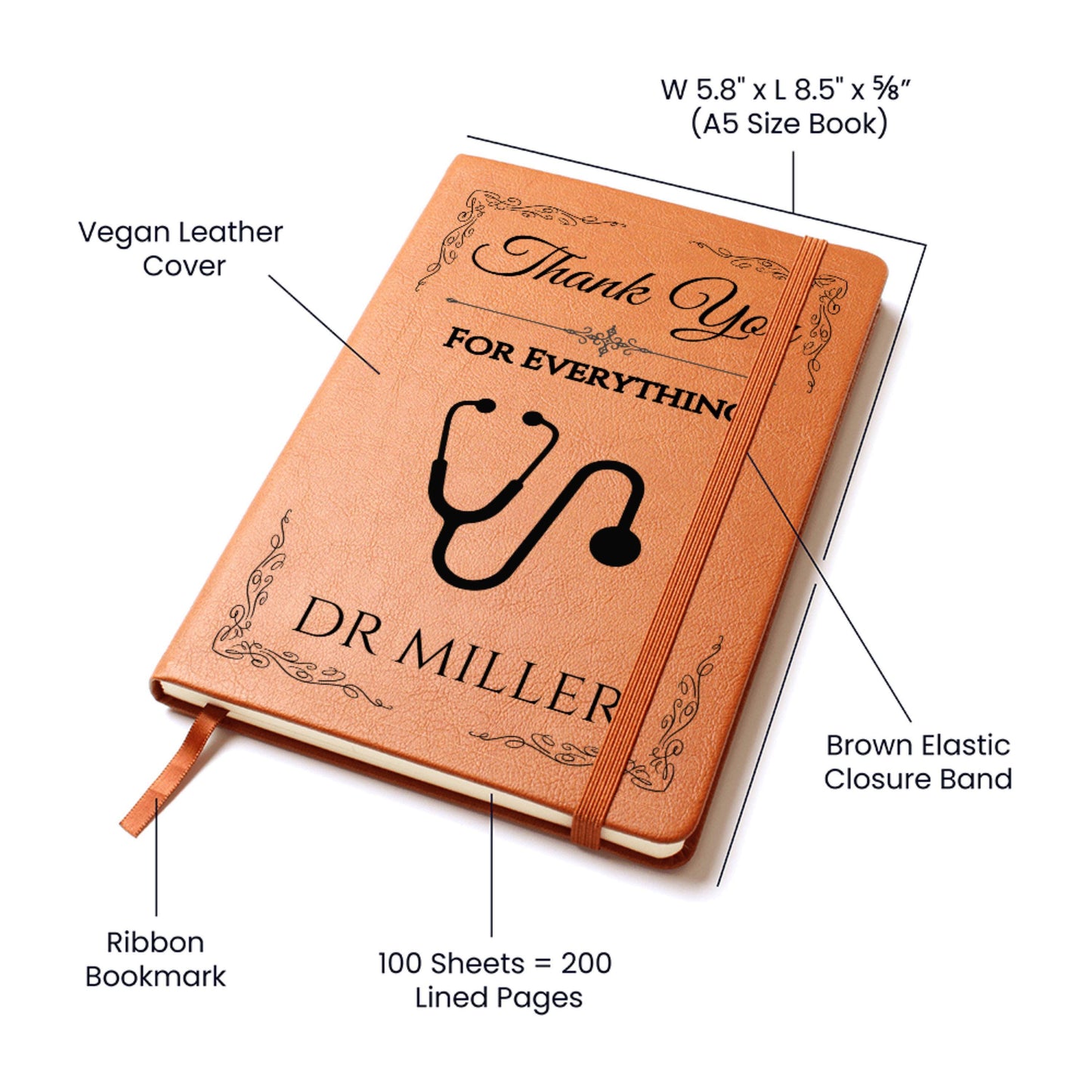 Personalized Doctor Thank You Leather Journal Custom Medical Gift for GP Physician Graduation Retirement Appreciation Stethoscope Book Gift
