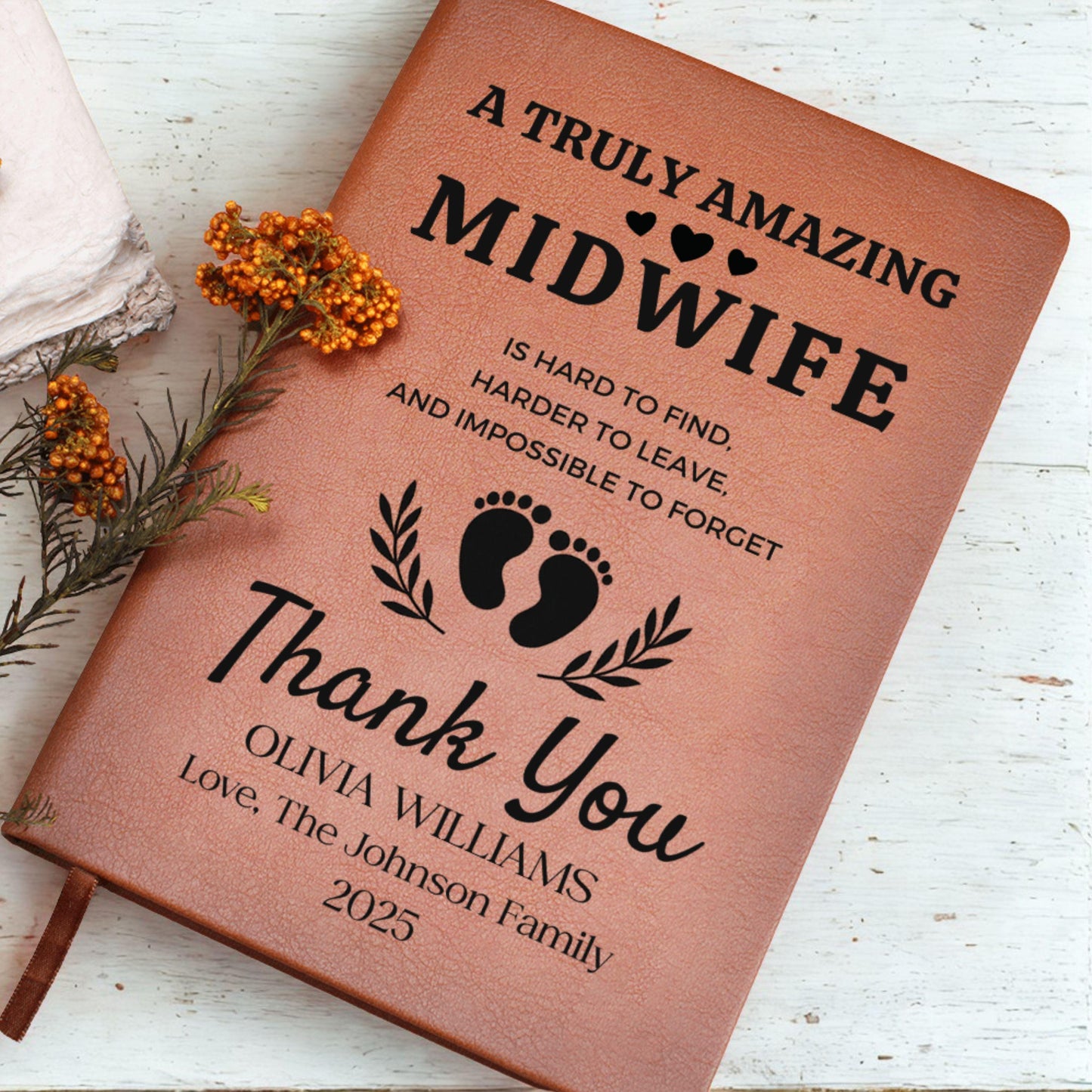 Personalized Midwife Thank You Gift Leather Journal – Baby Delivery Gift from Family, Doula Appreciation Birthing Team Gift for Midwife