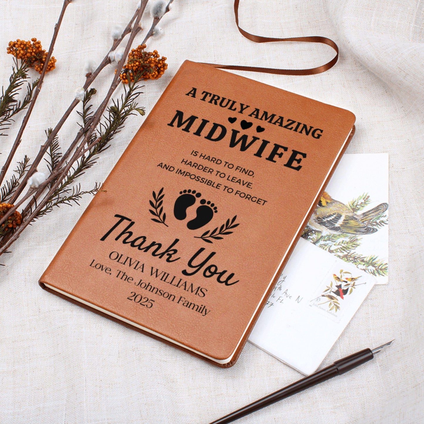 Personalized Midwife Thank You Gift Leather Journal – Baby Delivery Gift from Family, Doula Appreciation Birthing Team Gift for Midwife