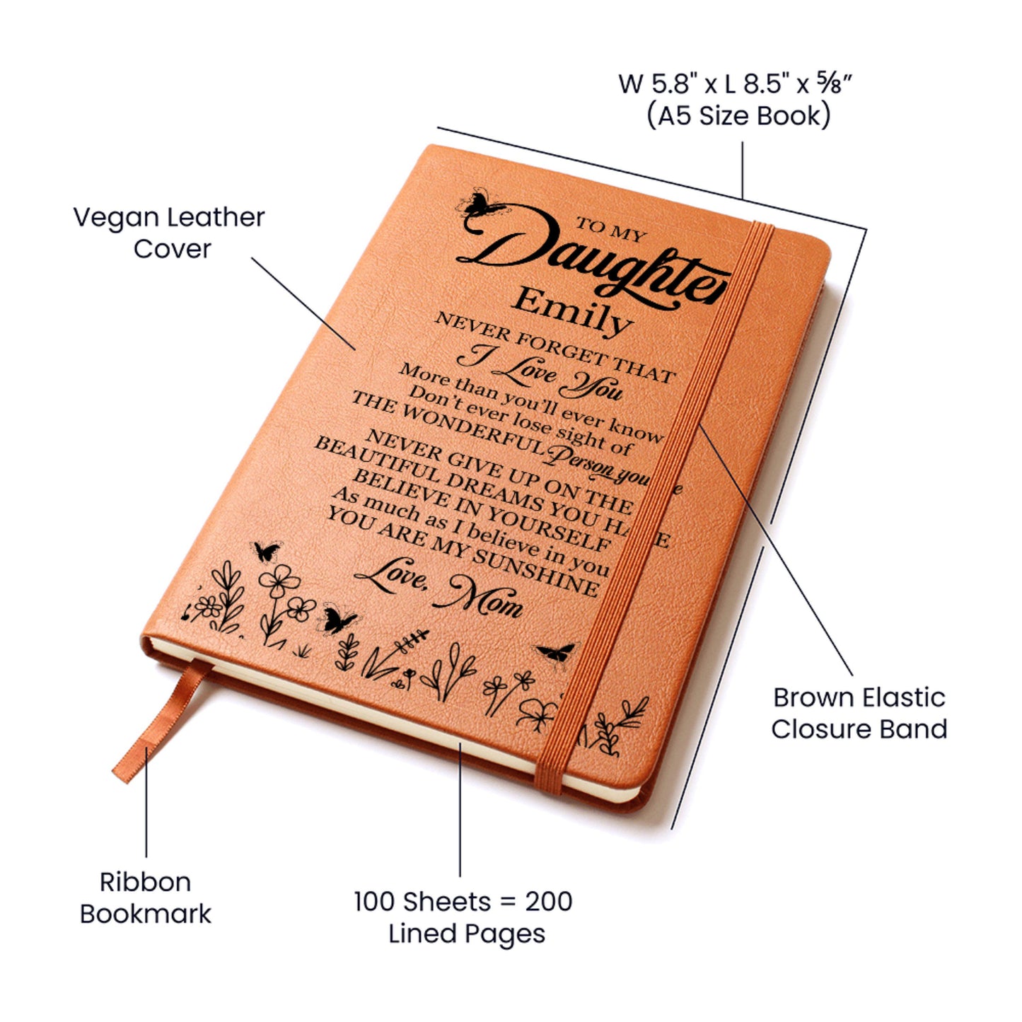 To My Daughter Leather Journal from Mom with Personalized Name, Inspirational Gift for Birthday Graduation Christmas You Are My Sunshine