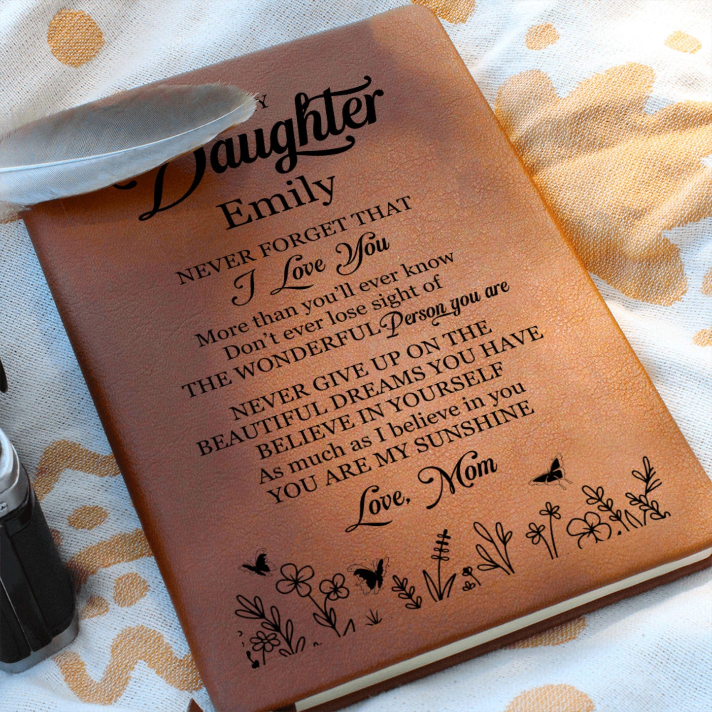 To My Daughter Leather Journal from Mom with Personalized Name, Inspirational Gift for Birthday Graduation Christmas You Are My Sunshine