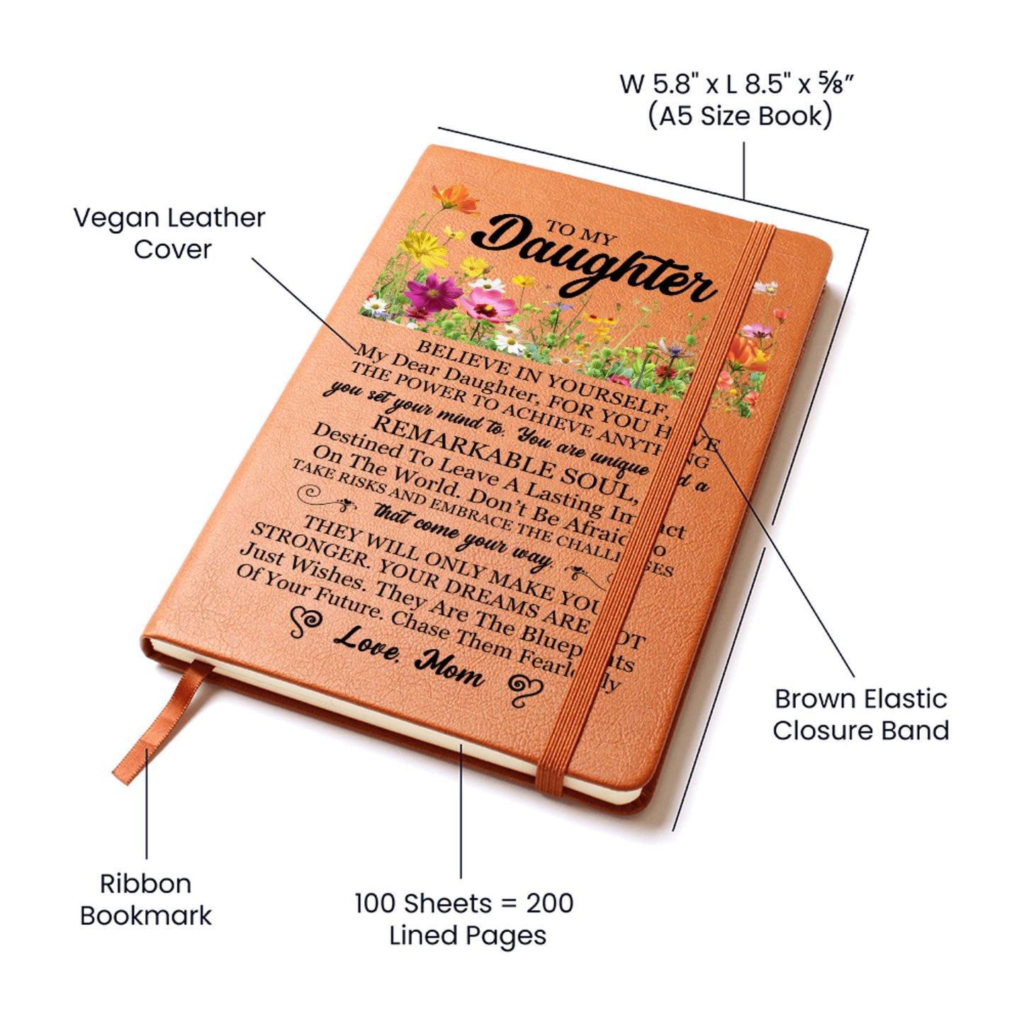 To My Daughter Gift from Mom, Leather Journal for Daughter Birthday, Graduation Gift for Her, Daughter Keepsake Book, Christmas A5 Notebook