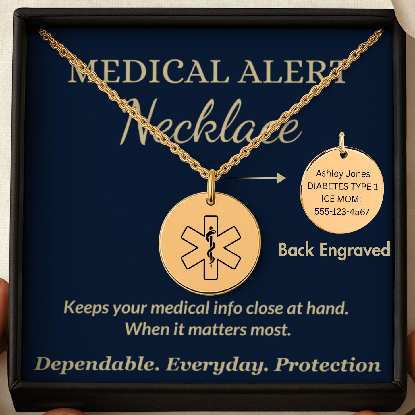 Medical Alert Necklace Engraved ID Pendant, Emergency Allergy Diabetes Asthma Jewelry, Custom ICE Info Gift for Men Women Seniors Road ID
