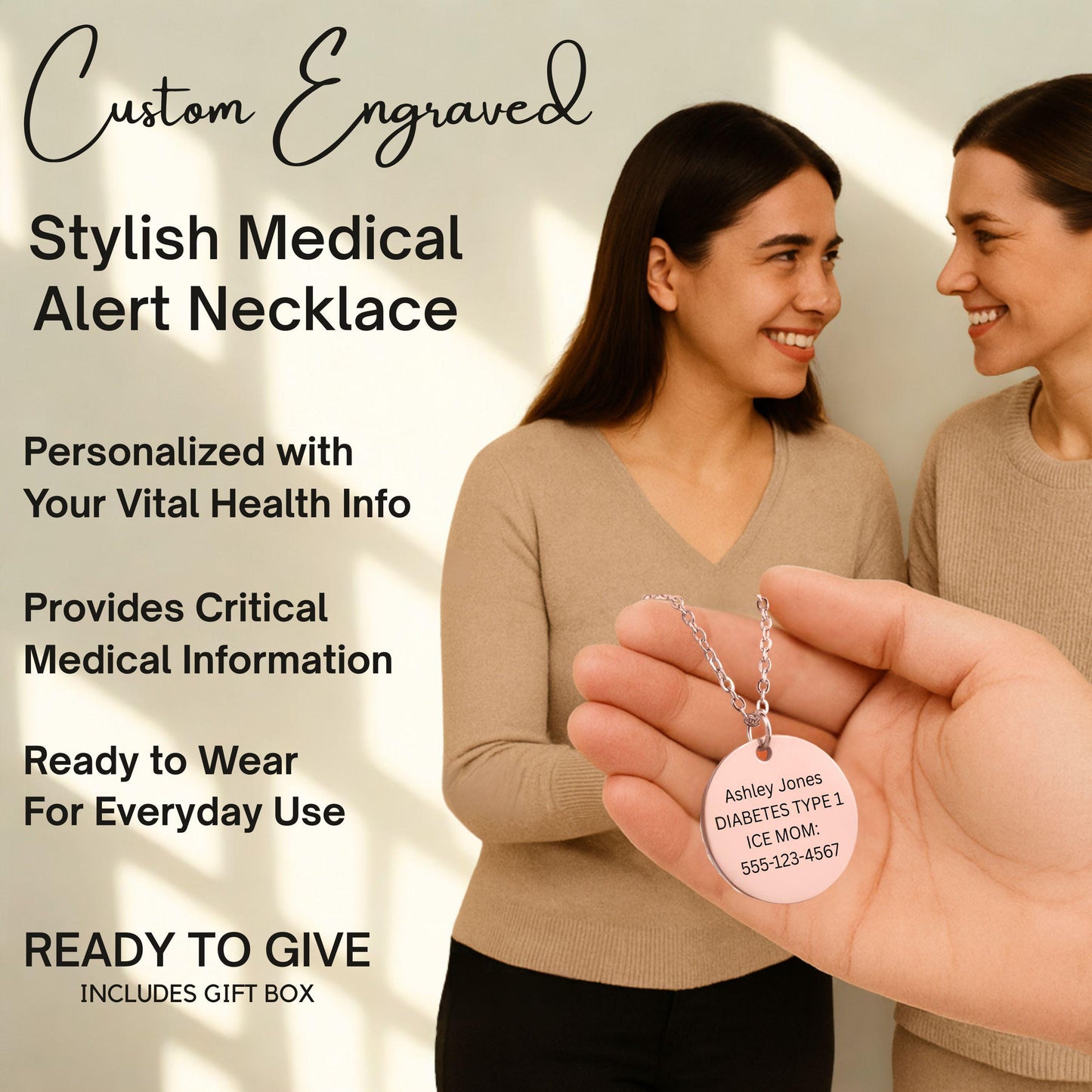 Medical Alert Necklace Engraved ID Pendant, Emergency Allergy Diabetes Asthma Jewelry, Custom ICE Info Gift for Men Women Seniors Road ID
