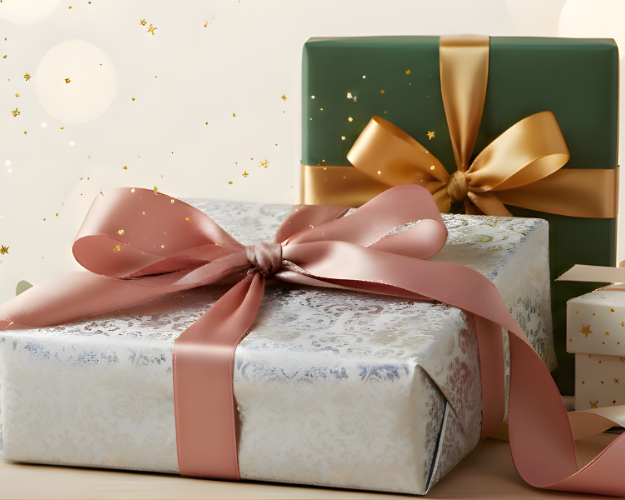 Three gift boxes with ribbons on a light background
