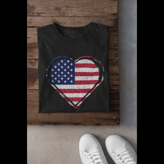 USA Flag Heart T-shirt | Cute American Top | Unisex American Gift | USA Tee | Heart-Shaped American Flag T-Shirt