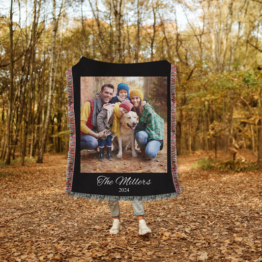 Custom Photo Blanket -Personalized Name Blanket -Photo Woven Cotton Throw Custom Blanket with Picture Grandma Gift For Mom Christmas Gift
