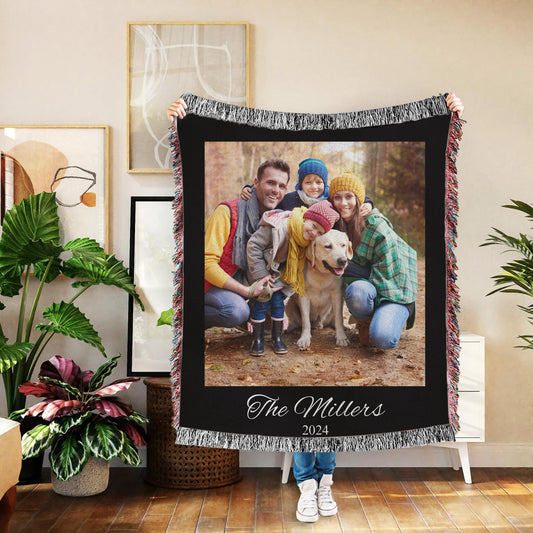 Custom Photo Blanket -Personalized Name Blanket -Photo Woven Cotton Throw Custom Blanket with Picture Grandma Gift For Mom Christmas Gift