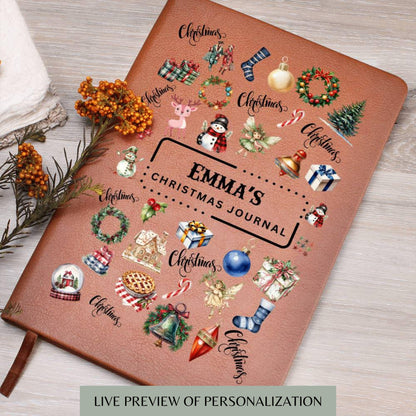 Personalized Christmas Leather Journal- Teen Journal, A5 Leather Journal Notebook, Memory Book, Christmas Gift For Her, Stocking Stuffer