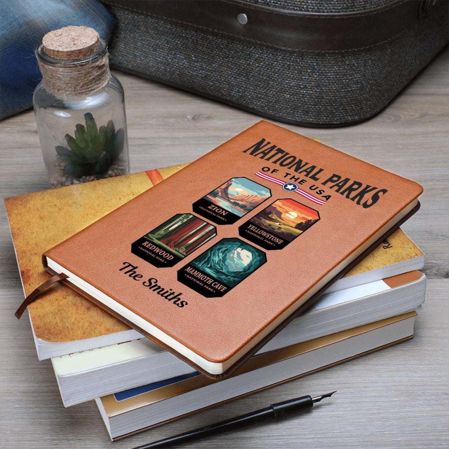 Custom USA National Parks Leather Journal - National Park Gift For Mountain Hiking Family Camping Memories Vacation Keepsake All 63 Parks