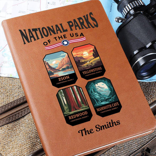 Custom USA National Parks Leather Journal - National Park Gift For Mountain Hiking Family Camping Memories Vacation Keepsake All 63 Parks