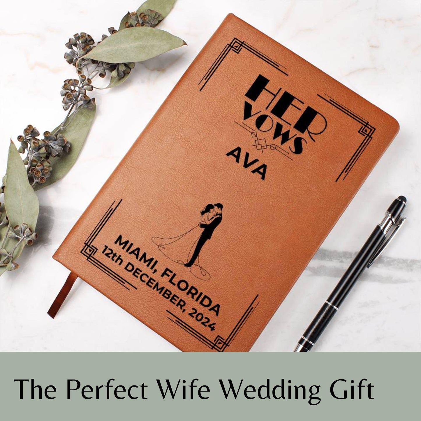 Art Deco Personalized Wedding Vow Book Leather - Her Vows Journal, Custom Vow Books, Wedding Personalized Vows Gift, Vow Book Leather, Bride