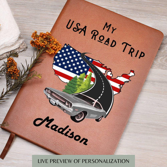 Personalized Leather Travel Journal- USA Road Trip Travel Journal, Camping Journal Memory Keepsake For Teens Couple Retirement Travel Gift