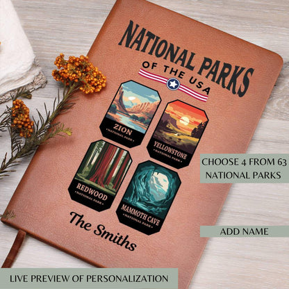 Custom USA National Parks Leather Journal - National Park Gift For Mountain Hiking Family Camping Memories Vacation Keepsake All 63 Parks