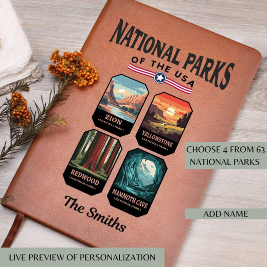 Custom USA National Parks Leather Journal - National Park Gift For Mountain Hiking Family Camping Memories Vacation Keepsake All 63 Parks