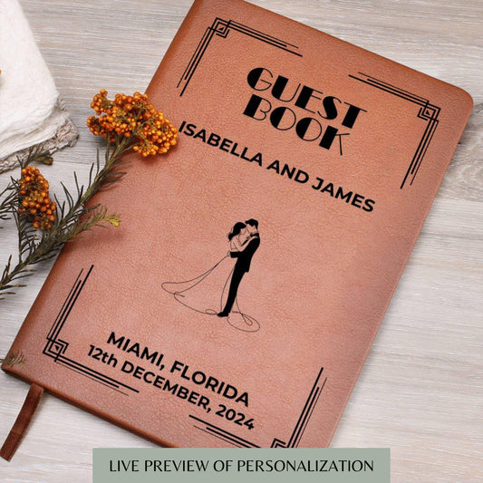 Art Deco Personalized Leather Wedding Guest Book, Custom Wedding Guestbook, Wedding Reception Signing Book Wedding Keepsake Unique Wedding
