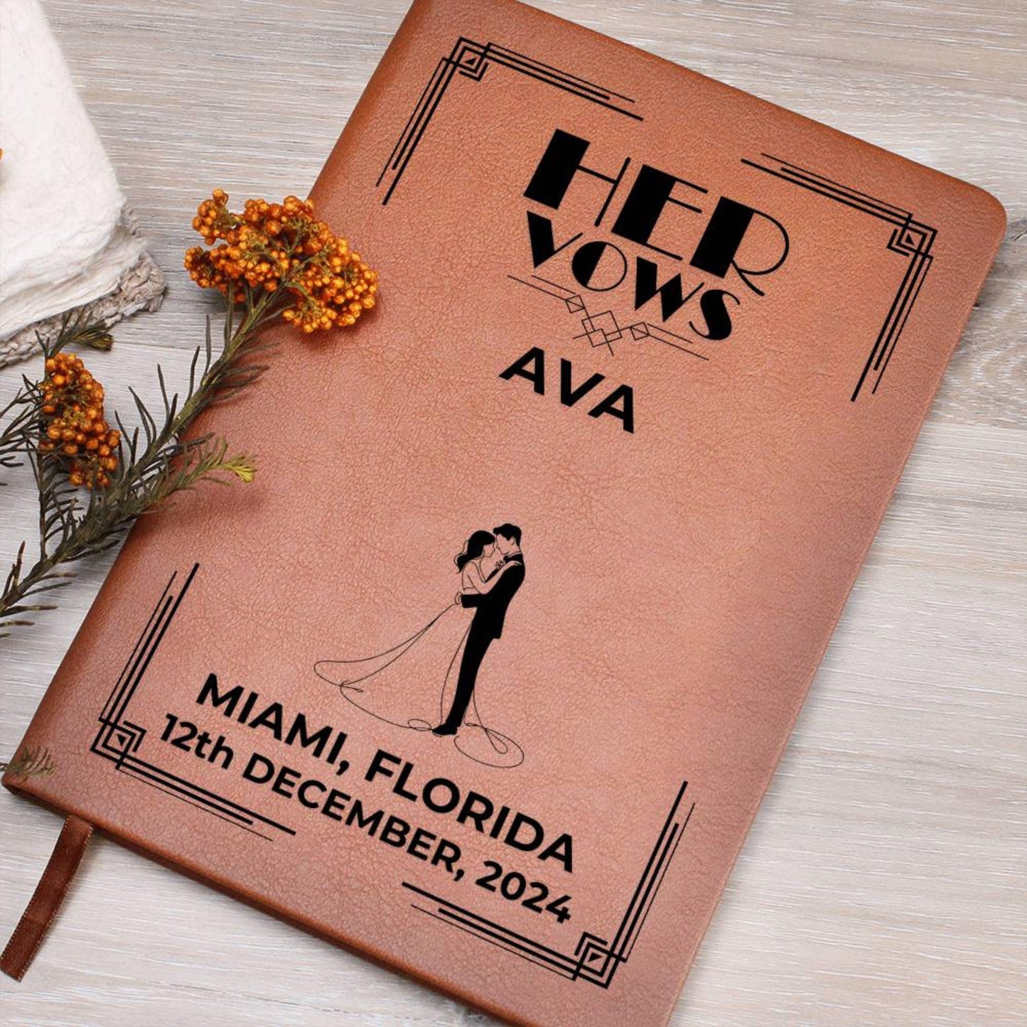 Art Deco Personalized Wedding Vow Book Leather - Her Vows Journal, Custom Vow Books, Wedding Personalized Vows Gift, Vow Book Leather, Bride